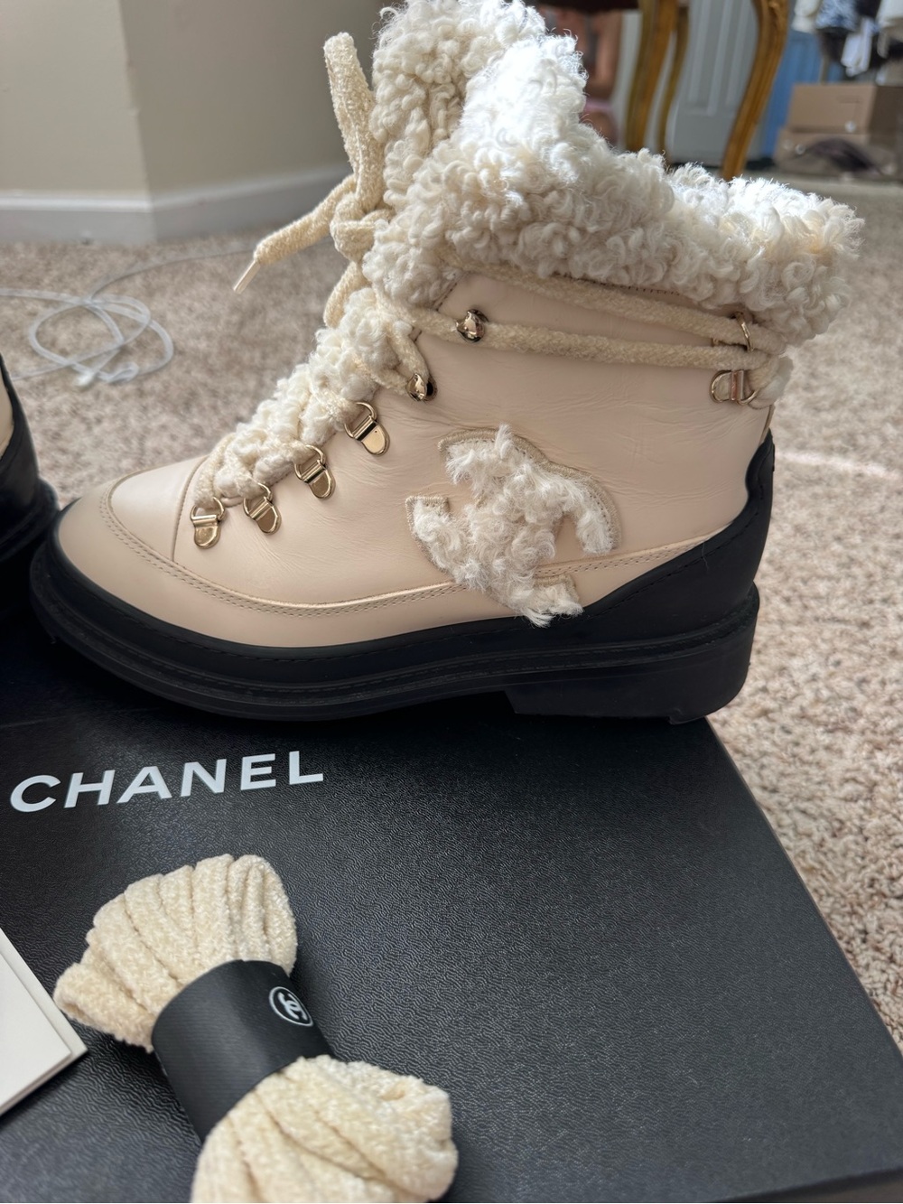 CHANEL Cream Shearling-Trim Lace-Up Winter Boots with Black Sole